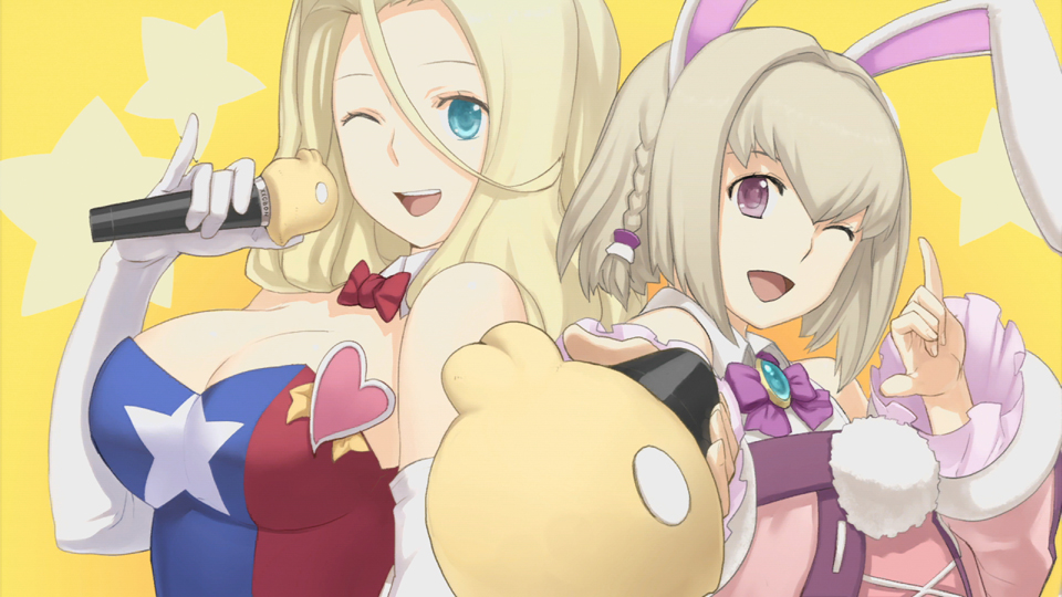 animal_ears, aqua_eyes, ar_tonelico, ar_tonelico_iii, back-to-back, blonde_hair, bow, braid