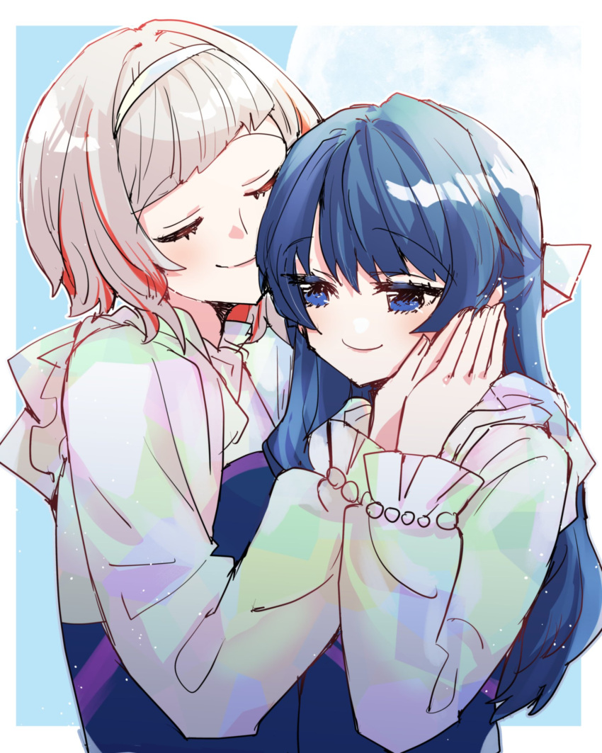 2girls, blue_background, blue_dress, blue_eyes, blue_hair, bob_cut, border, closed_eyes, closed_mouth, colored_inner_hair, commentary_request, dark_blue_hair, diagonal_bangs, dollchestra, dress, frilled_sleeves, frills, full_moon, grey_hair, hairband, half-closed_eyes, half_updo, hand_on_another's_face, hand_on_hand, highres, inverted_bob, kanduki_kamibukuro, link!_like!_love_live!, long_hair, long_sleeves, looking_at_another, love_live!, moon, multicolored_hair, multiple_girls, murano_sayaka, outside_border, redhead, short_hair, smile, streaked_hair, u_u, virtual_youtuber, white_border, white_dress, white_hairband, yugiri_tsuzuri, yuri