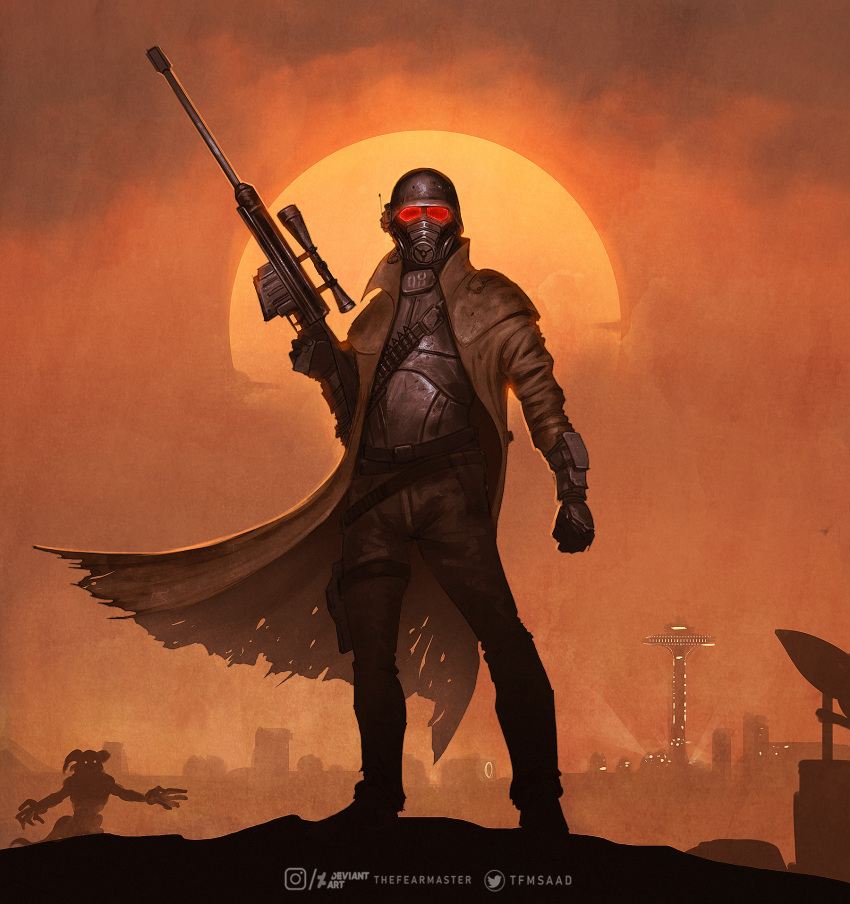 1boy, anti-materiel_rifle, bandolier, bolt_action, boots, cityscape, clenched_hand, deathclaw