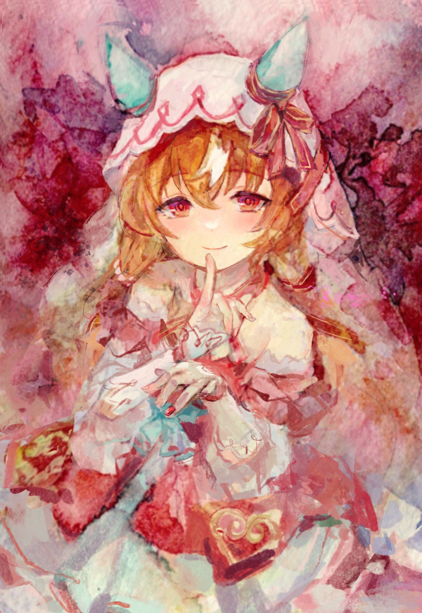 1girl, animal_ears, blush, brown_hair, commentary_request, detached_sleeves, finger_to_mouth, fingernails