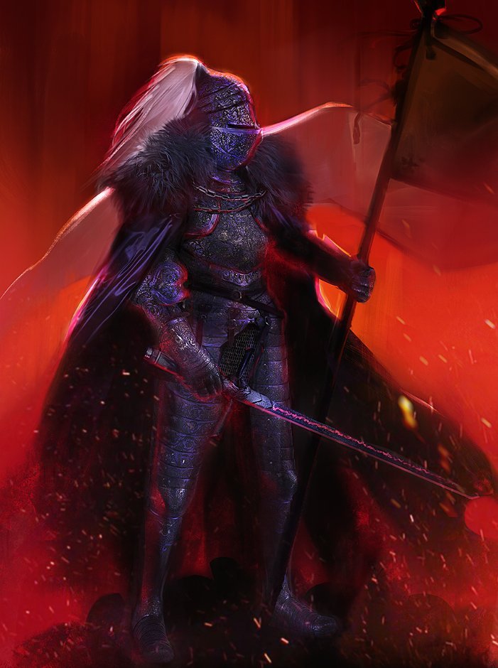 1girl, alter_servant, armor, banner, black_armor, black_cape, breastplate, cape, chainmail, embers, english_commentary, fate/grand_order, fate_(series), faulds, fire, flag, full_armor, fur-trimmed_cape, fur_trim, gauntlets, giulia_carli, greaves, helm, helmet, holding, holding_banner, holding_sword, holding_weapon, jeanne_d'arc_alter_(fate), knight, ornate_armor, painting_(medium), plume, red_light, redesign, solo, sword, traditional_media, weapon, white_flag