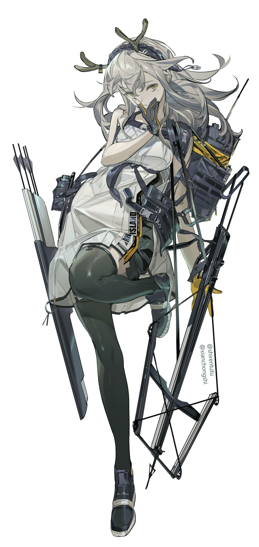 1girl, absurdres, antlers, arknights, arrow_(projectile), crossbow, crossbow_bolt, deer_antlers