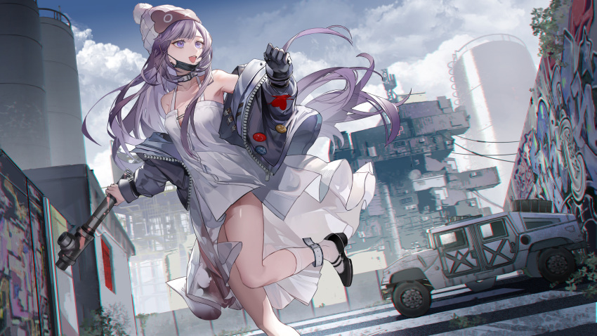 1girl, absurdres, ankle_belt, ankle_socks, bare_shoulders, beanie, bear_mask, belt, belt_buckle, belt_collar, black_footwear, black_gloves, black_jacket, black_mask, black_sleeves, blue_sky, brown_mask, buckle, car, chinese_commentary, clouds, collar, collared_jacket, commentary, crosswalk, day, dress, eyelashes, feet_out_of_frame, gloves, graffiti, hat, hella_(path_to_nowhere), high_heels, highres, holding, holding_industrial_pipe, industrial_pipe, jacket, leg_up, long_hair, long_sleeves, looking_to_the_side, mask, mask_on_head, motor_vehicle, mouth_mask, multiple_belts, open_clothes, open_jacket, open_mouth, outdoors, path_to_nowhere, pink_hat, pleated_dress, pom_pom_(clothes), pom_pom_beanie, power_lines, pumps, purple_hair, pushpin, short_dress, single_glove, sky, sleepless_(wrysmile), sleeveless, sleeveless_dress, smile, socks, solo, teeth, upper_teeth_only, very_long_hair, violet_eyes, white_belt, white_dress, white_socks, wrist_belt, zipper