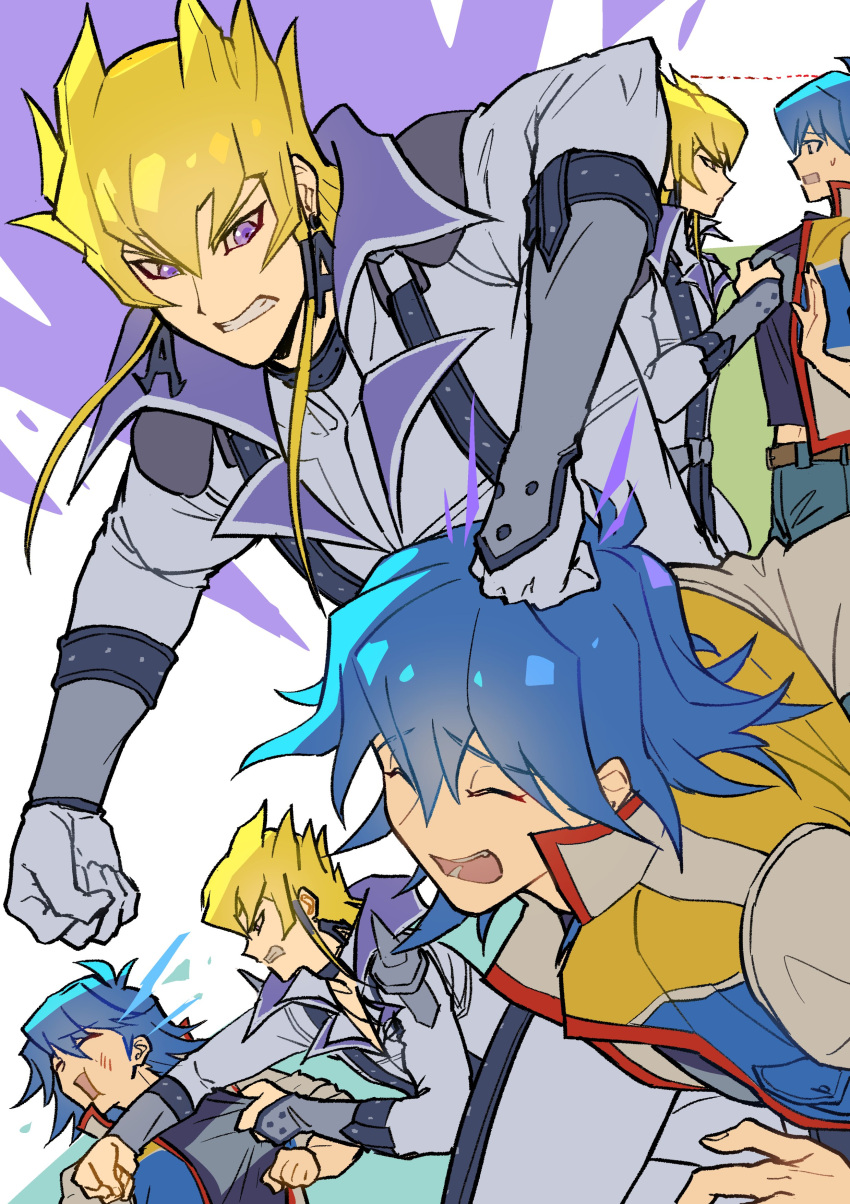 2boys, absurdres, black_shirt, blonde_hair, blue_hair, blue_pants, bonk, bruno_(yu-gi-oh!)