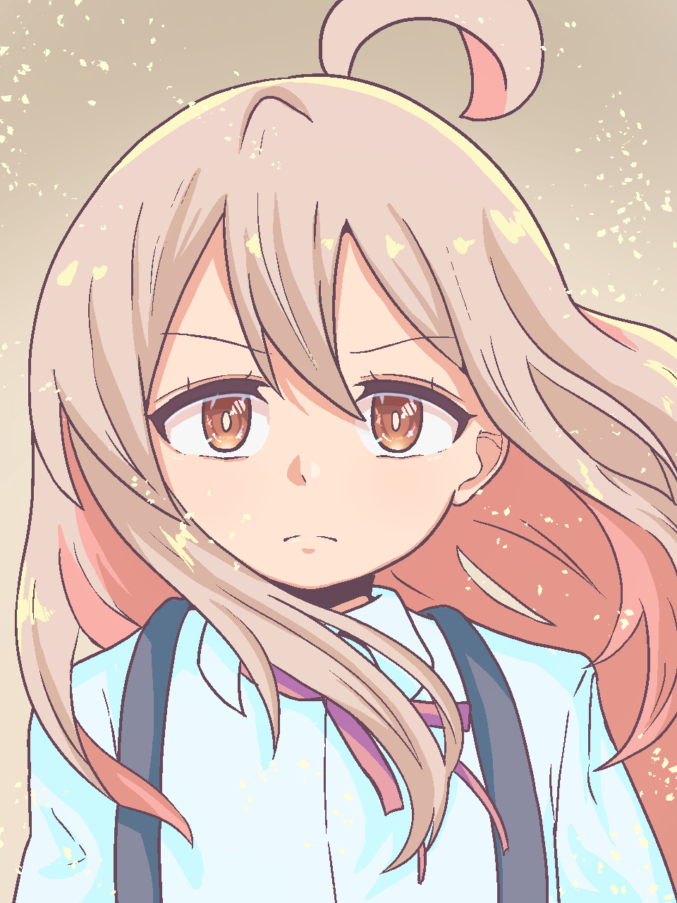 1girl, ahoge, brown_background, brown_eyes, colored_inner_hair, commentary, frown, hair_between_eyes