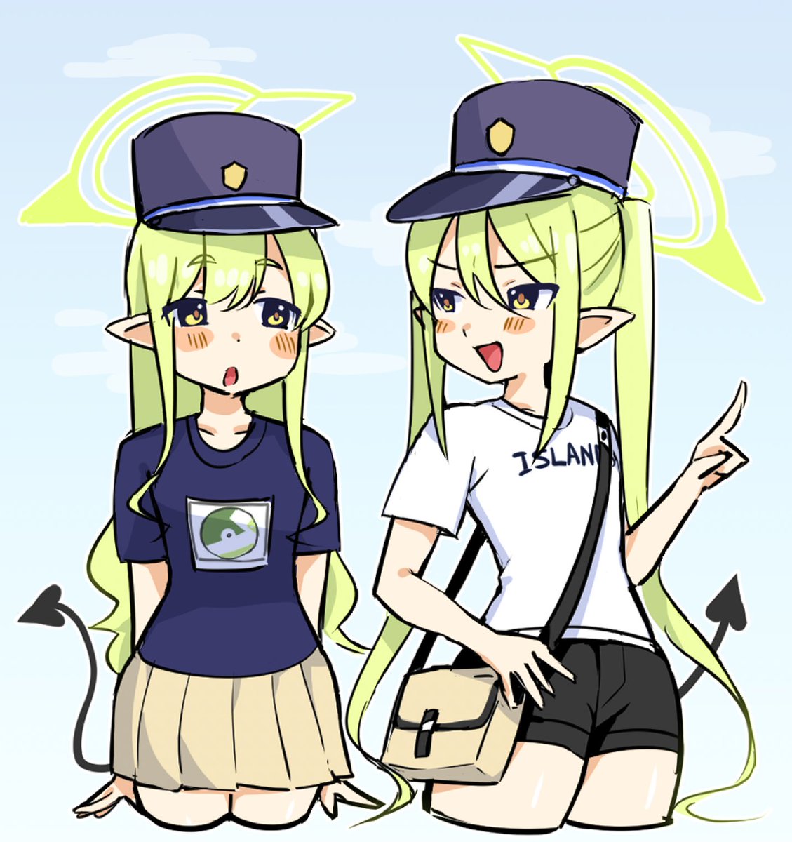 2girls, bag, black_shorts, blue_archive, blush, commentary_request, cosplay, dark_skin