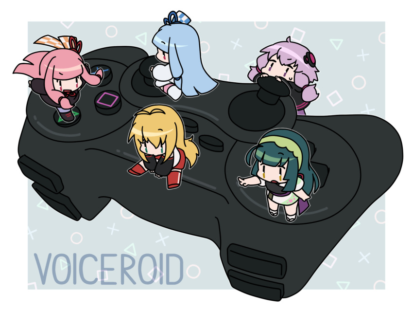 5girls, antenna_hair, black_dress, black_footwear, black_jacket, black_sleeves, blonde_hair, blue_hair