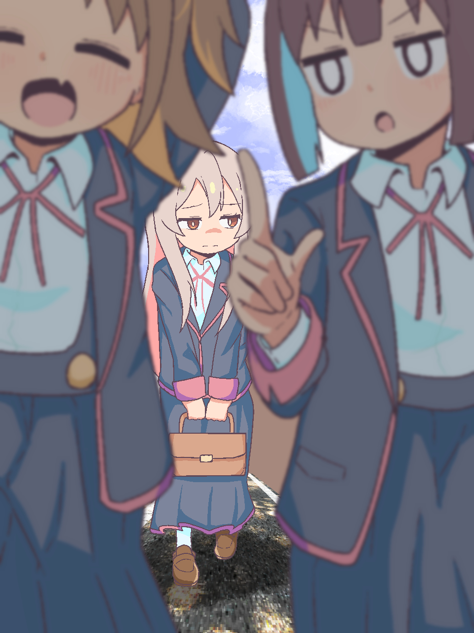 3girls, :d, :o, arms_up, bag, black_jacket, black_skirt, blue_hair