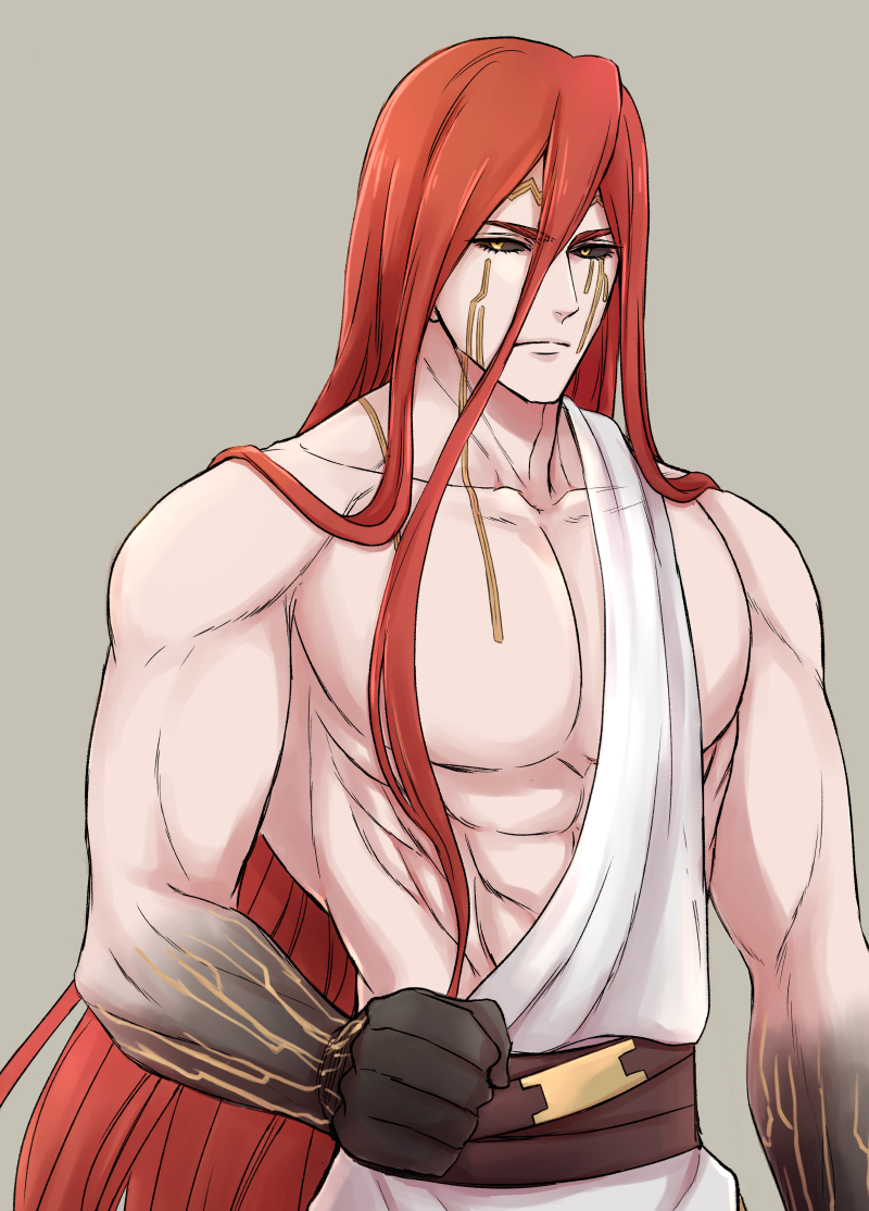 1boy, abs, ancient_greek_clothes, belt, black_sclera, black_skin, chiton, collarbone