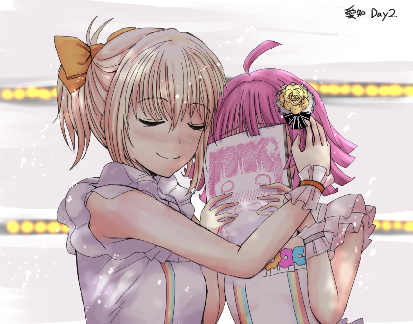 2girls, ahoge, blonde_hair, blush, closed_eyes, closed_mouth, commentary_request, crying