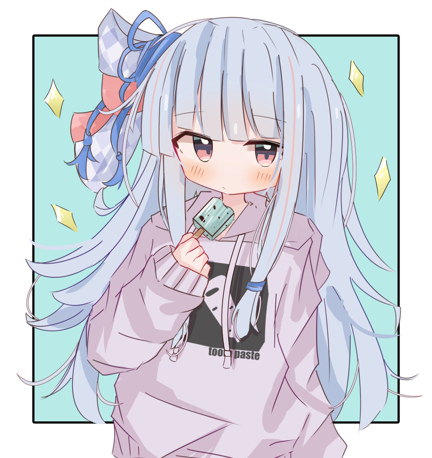 1girl, blue_background, blue_hair, blush, border, bow, closed_mouth, cowboy_shot