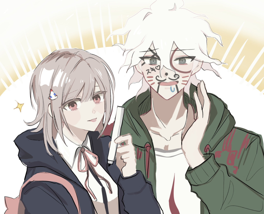 1boy, 1girl, backpack, bag, black_shirt, brown_eyes, brown_hair, danganronpa_(series)