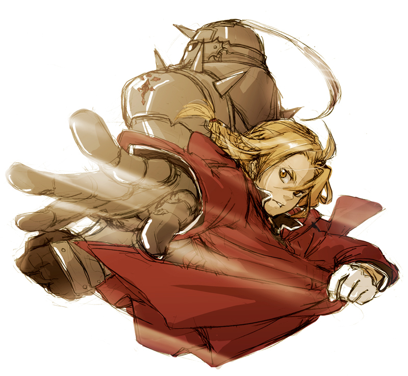 alphonse_elric, armor, back-to-back, blonde_hair, edward_elric, flamel_symbol, fullmetal_alchemist, gloves