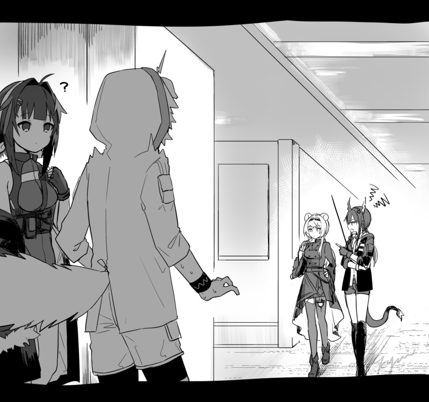 1boy, 3girls, 9kugai, ?, ahoge, anger_vein, animal_ears, annoyed