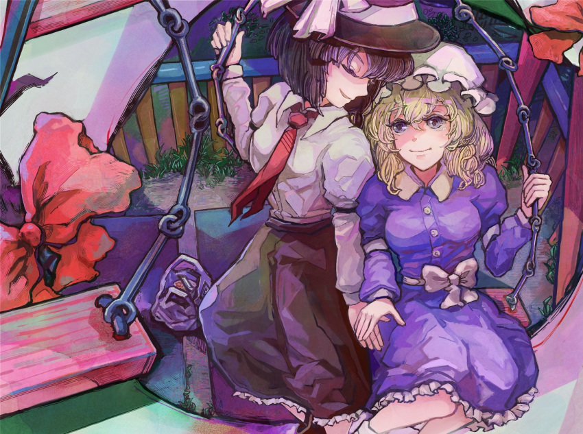 black_hair, blonde_hair, gap, hat, maribel_hearn, multiple_girls, necktie, shime_mura