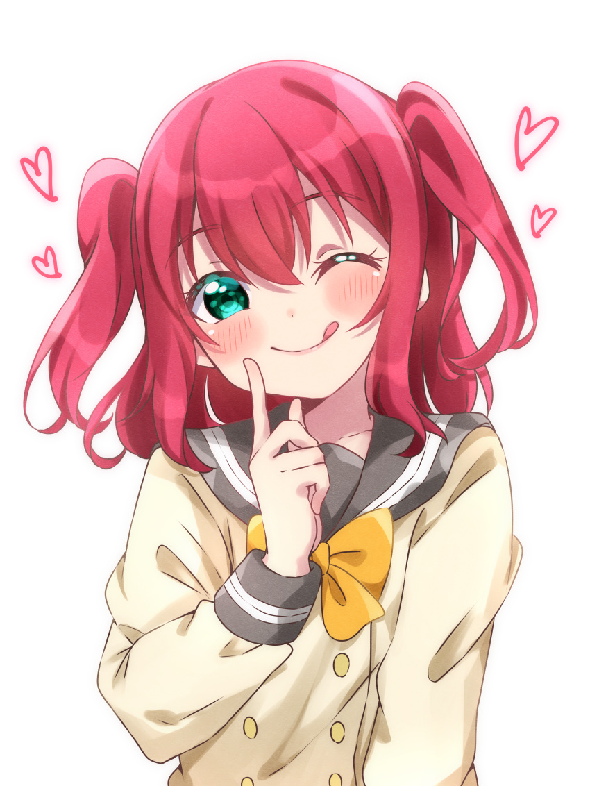 1girl, ;q, absurdres, aqua_eyes, blush, bow, bowtie, buttons, commentary_request, grey_sailor_collar, hakumai_konatsu, hand_up, heart, highres, index_finger_raised, kurosawa_ruby, long_sleeves, looking_at_viewer, love_live!, love_live!_sunshine!!, medium_hair, one_eye_closed, pink_hair, sailor_collar, school_uniform, simple_background, smile, solo, tongue, tongue_out, two_side_up, upper_body, uranohoshi_school_uniform, white_background, winter_uniform, yellow_bow, yellow_bowtie
