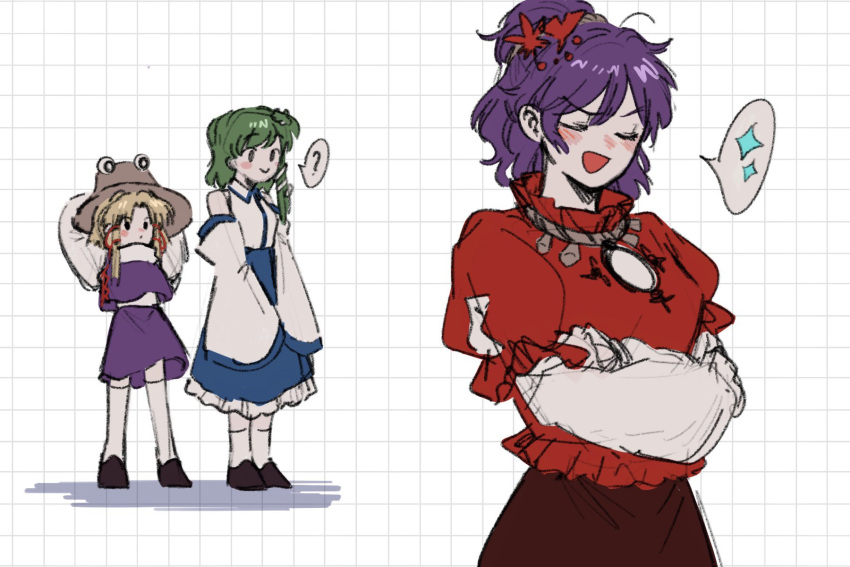 3girls, ?, ame_iru, blonde_hair, closed_eyes, detached_sleeves, green_hair, hair_bun