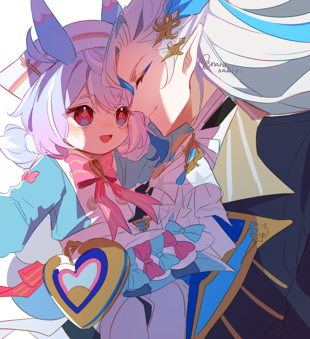 1boy, 1girl, :d, animal_ears, apron, aqua_bow, aqua_dress, artist_name