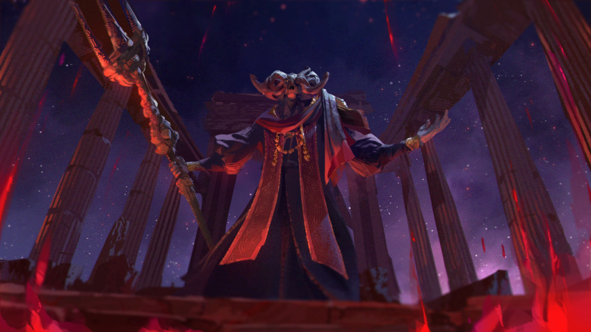 1boy, absurdres, asymmetrical_horns, blood, chaoskin, elden_ring, highres, holding, holding_trident, horns, missing_eye, mohg_lord_of_blood, multiple_horns, ornate_clothes, polearm, raining_blood, robe, sharp_teeth, solo, stole, teeth, trident, weapon, yellow_eyes