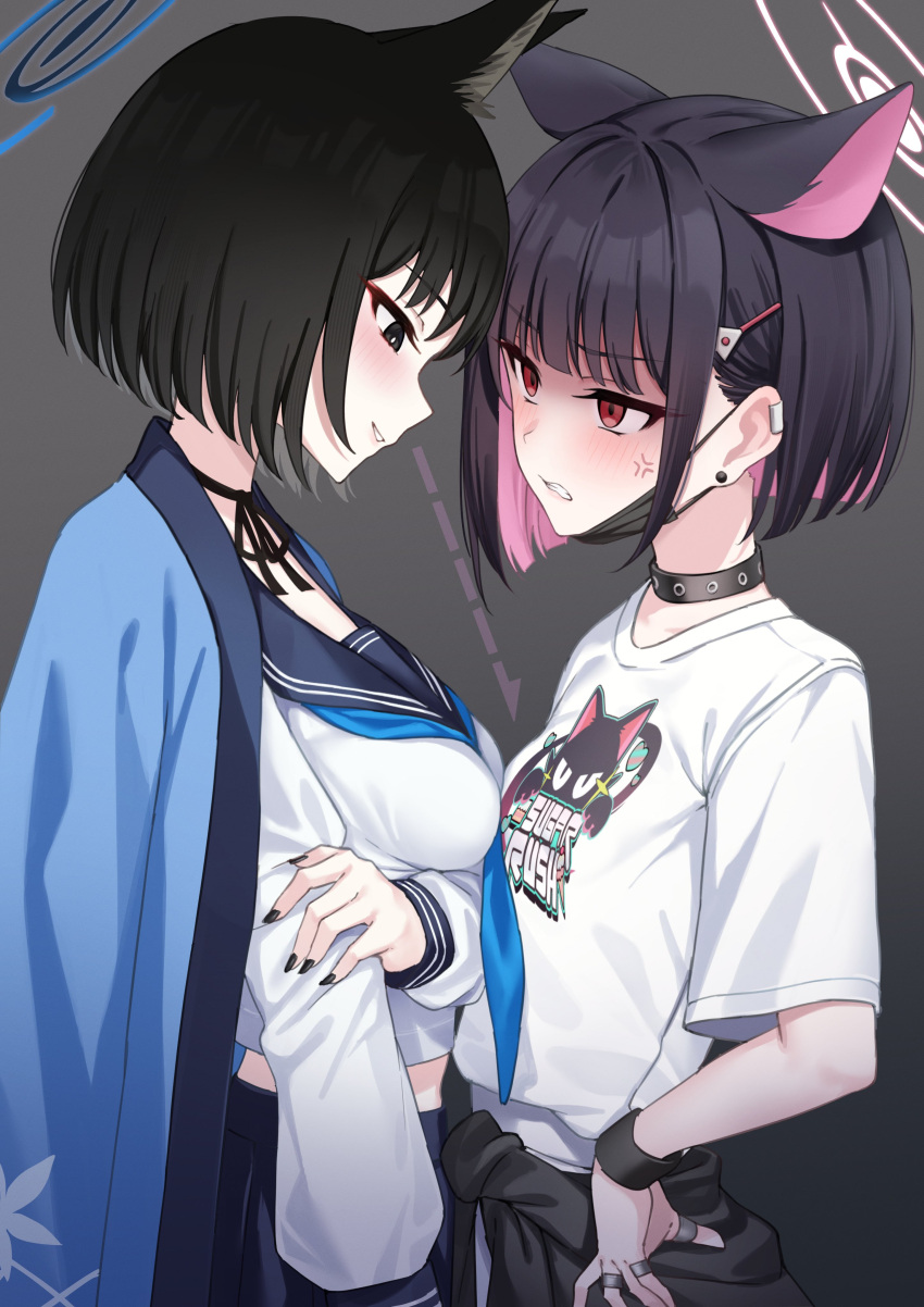 2girls, :d, absurdres, animal_ear_fluff, animal_ears, arrow_(symbol), asymmetrical_docking, black_choker