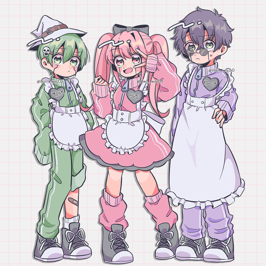 1girl, 2boys, apron, full_body, glasses, green_eyes, green_hair, grey_footwear