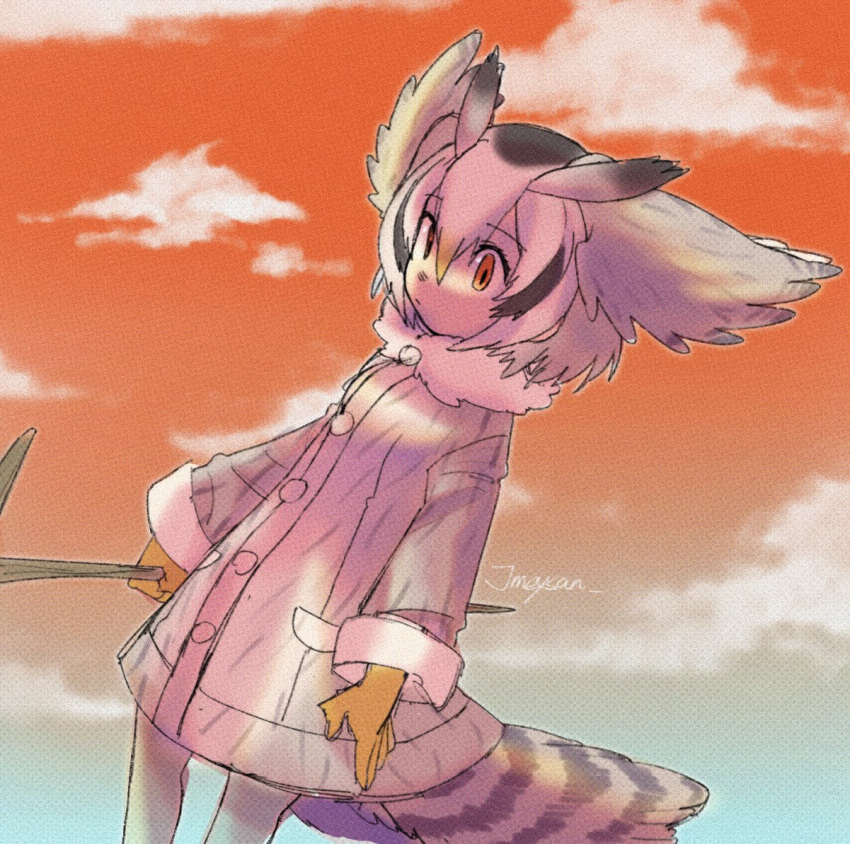 1girl, bad_id, bad_twitter_id, bird_tail, brown_coat, closed_mouth, clouds, coat