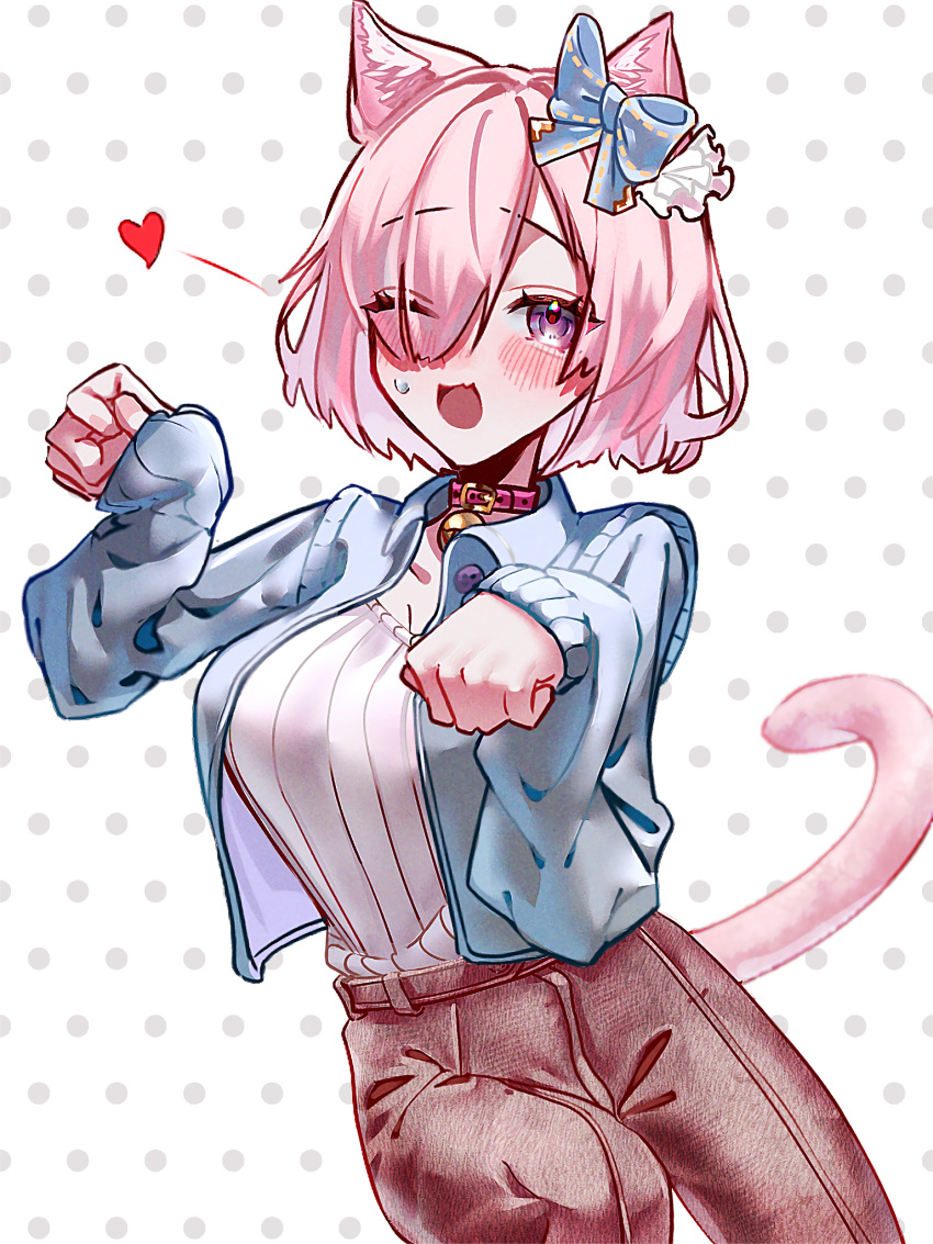 1girl, alternate_costume, animal_ear_fluff, animal_ears, bell, blush, cat_ears, cat_girl, cat_tail, fate/grand_order, fate_(series), heart, highres, huo_ting, jacket, looking_at_viewer, mash_kyrielight, neck_bell, one_eye_closed, open_clothes, open_jacket, pants, paw_pose, purple_hair, ribbed_sweater, ribbon, short_hair, solo, sweater, tail, violet_eyes