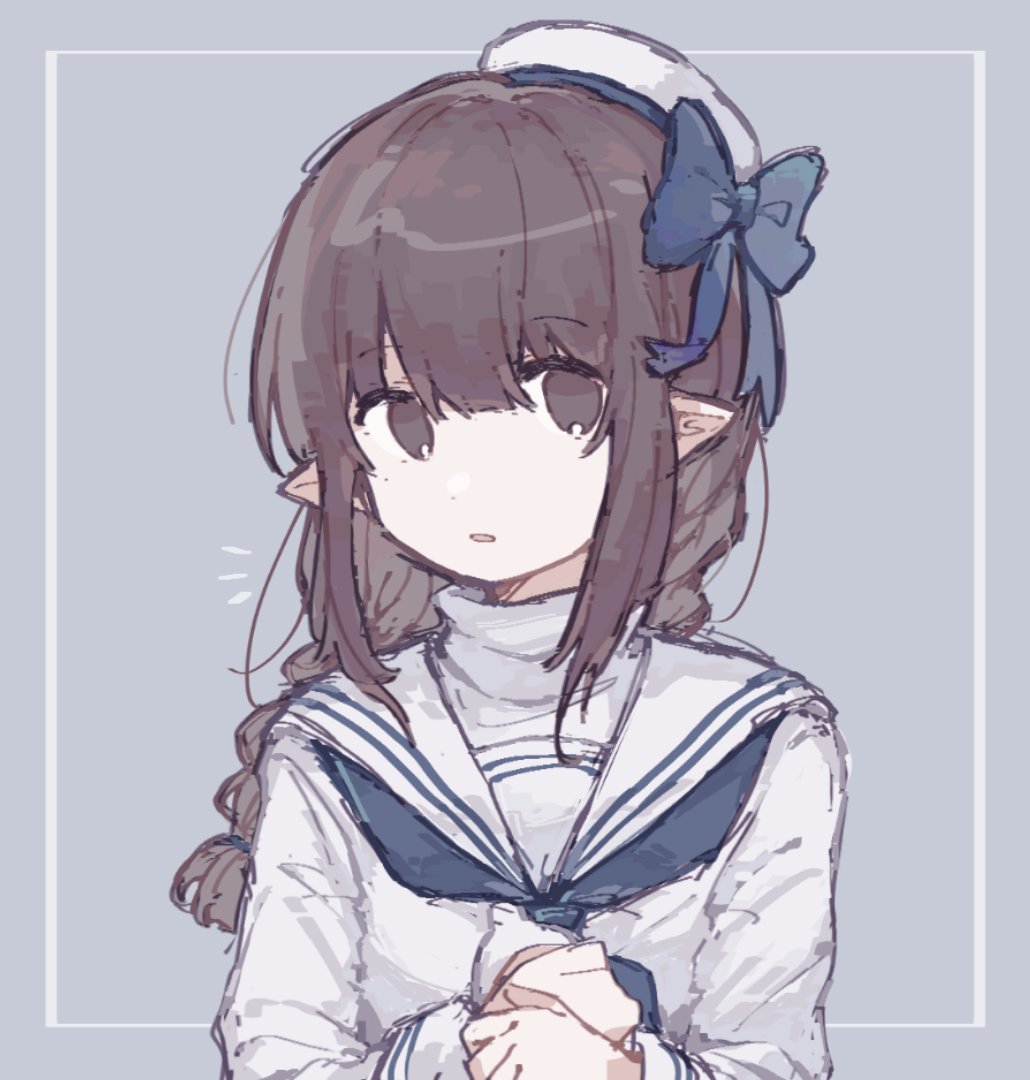 1girl, blue_bow, blue_neckerchief, bow, braid, brown_eyes, brown_hair, funamusea