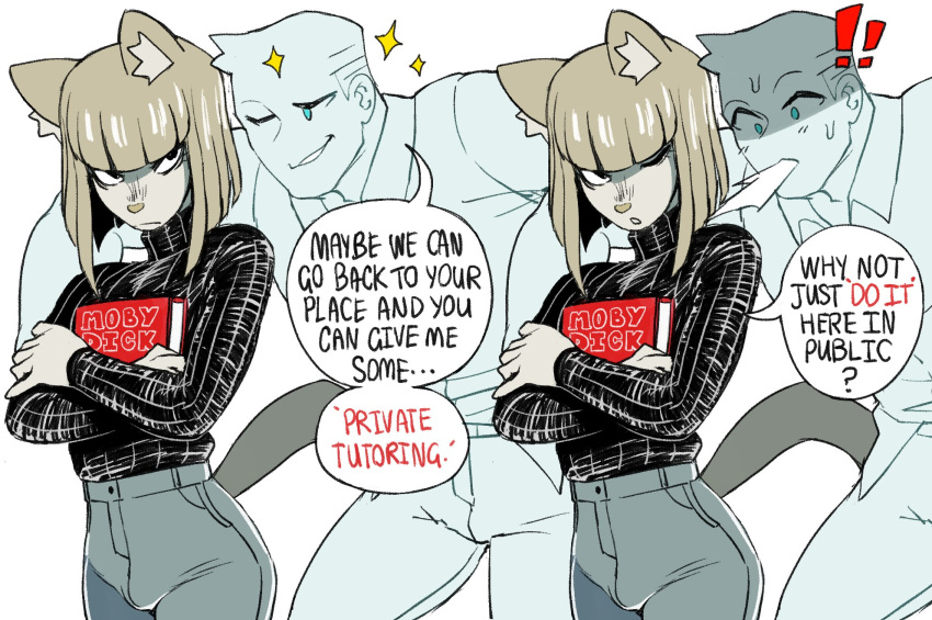 !, !!, 2boys, animal_ear_fluff, animal_ears, animal_nose, blunt_bangs, bob_cut, book, brown_hair, bulge, cat_boy, cat_ears, cat_tail, cibastion, dizzyspells, english_commentary, english_text, euphemism, furry, furry_male, furry_with_non-furry, grey_pants, height_difference, highres, holding, holding_book, implied_yaoi, interspecies, male_focus, misunderstanding, moby_dick, multiple_boys, one_eye_closed, original, otoko_no_ko, pants, solo_focus, speech_bubble, sweater, tail, turtleneck, turtleneck_sweater