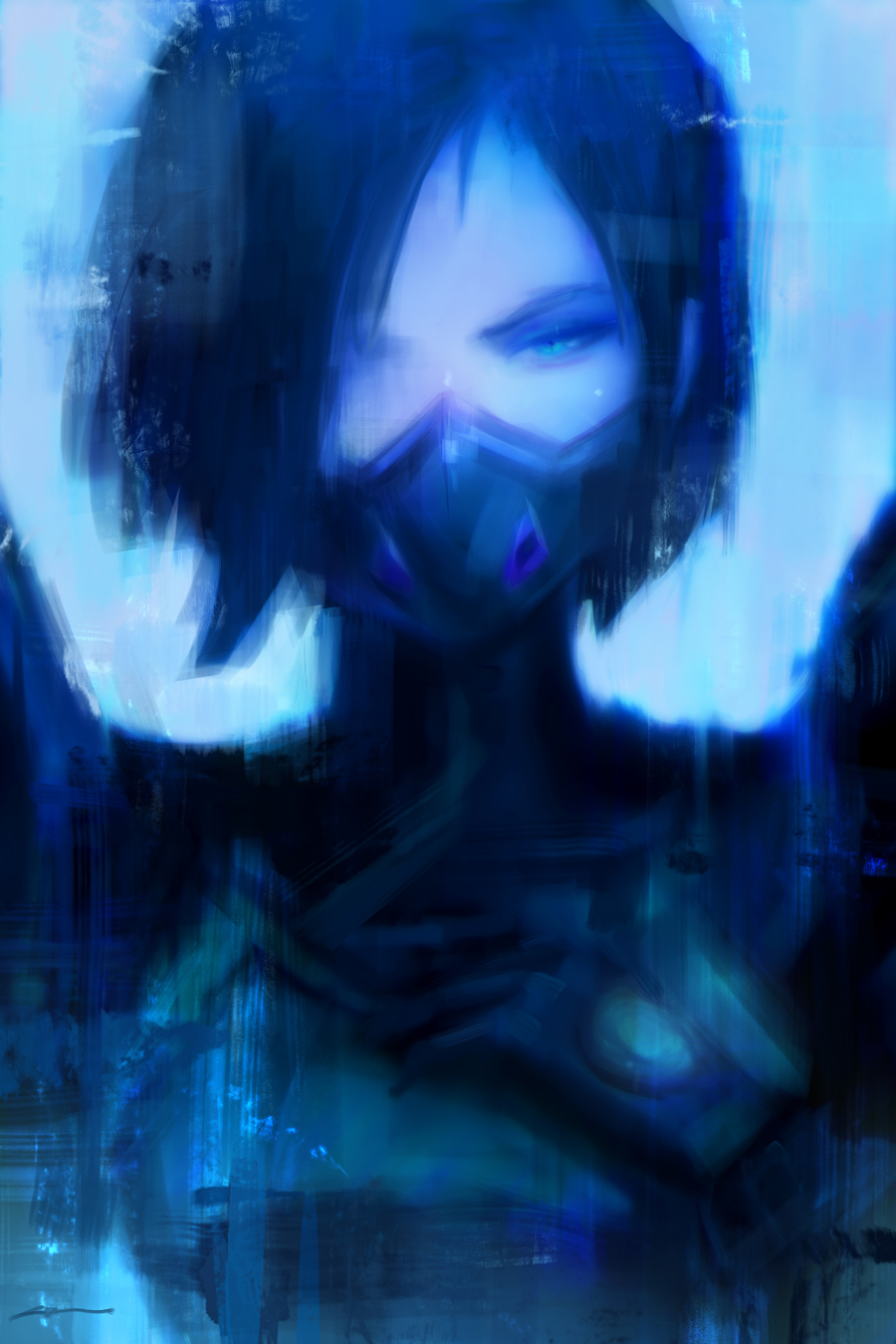 1girl, alex_chow, black_hair, blue_background, blue_theme, bodysuit, glitch, green_eyes