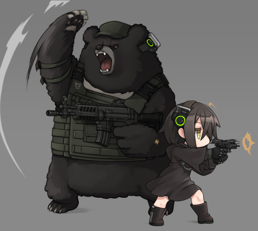 1girl, animal, assault_rifle, bear, black_hair, boots, daewoo_k5, ear_protection