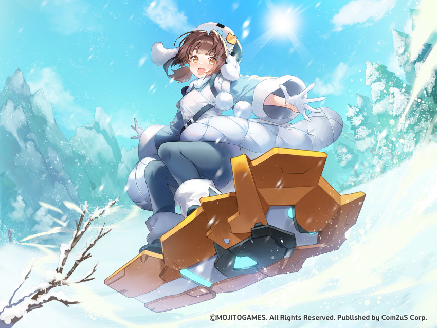 1girl, :d, apple_caramel, black_footwear, blue_sky, boots, branch, breasts, brown_eyes, brown_hair, character_request, clouds, collared_shirt, commentary_request, day, dress_shirt, fang, fur_hat, gloves, grey_hat, grey_pantyhose, half_gloves, hat, highres, long_hair, long_sleeves, medium_breasts, official_art, outdoors, pantyhose, shirt, sky, smile, snow, snowboard, snowboarding, solo, starseed:_asnia_trigger, sun, tree, white_gloves, white_shirt, wide_sleeves