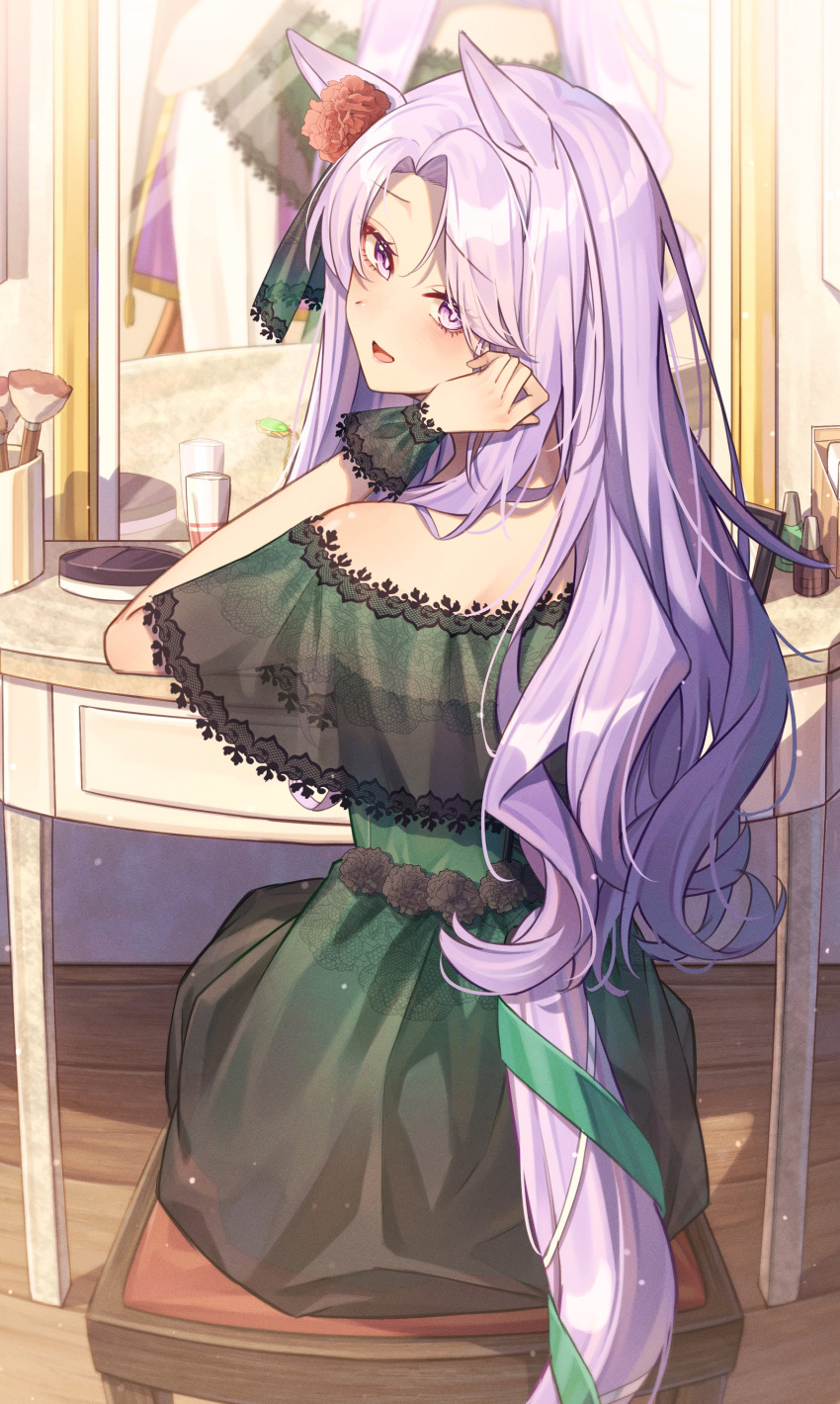 1girl, absurdres, adjusting_hair, alternate_costume, alternate_hairstyle, animal_ears, bare_shoulders, black_carnation