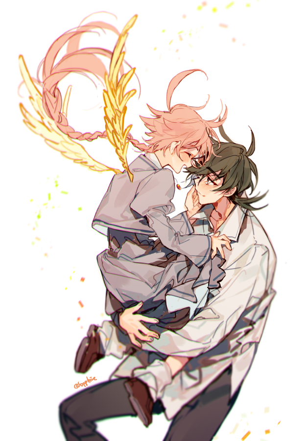 1boy, 1girl, ahiru_(princess_tutu), ahoge, bird_wings, braid, brown_footwear, closed_eyes
