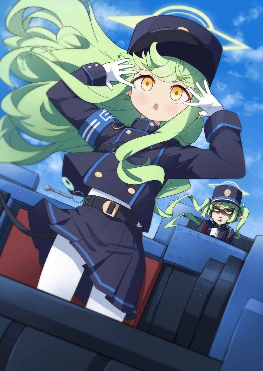 2girls, absurdres, armband, art_shift, black_skirt, blue_archive, blue_armband, blue_sky
