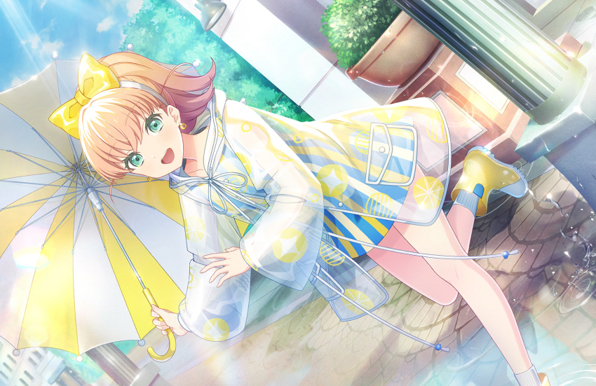 1girl, :d, ameagari_street_(love_live!), aqua_eyes, blue_dress, boots, bow, bow_hairband