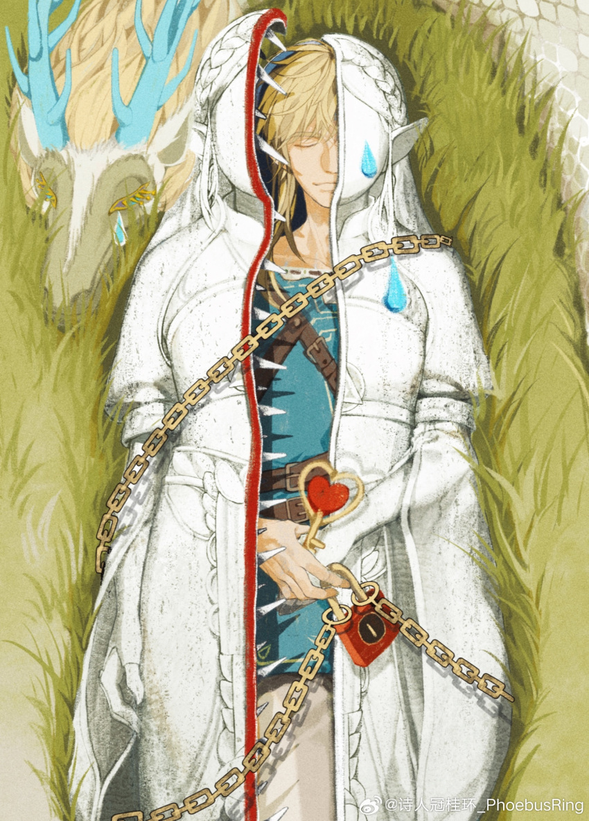 1boy, belt, belt_buckle, blonde_hair, blue_tunic, brown_belt, buckle, chain