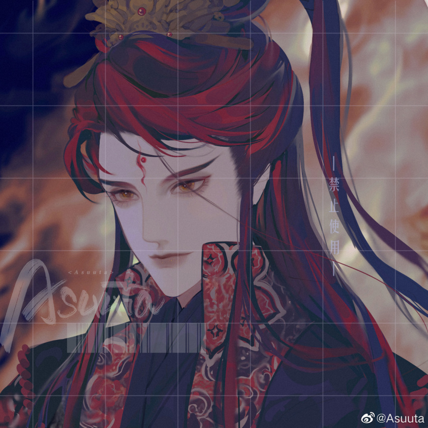 1boy, artist_name, asuuta, barcode, black_robe, chinese_clothes, chinese_commentary, closed_mouth