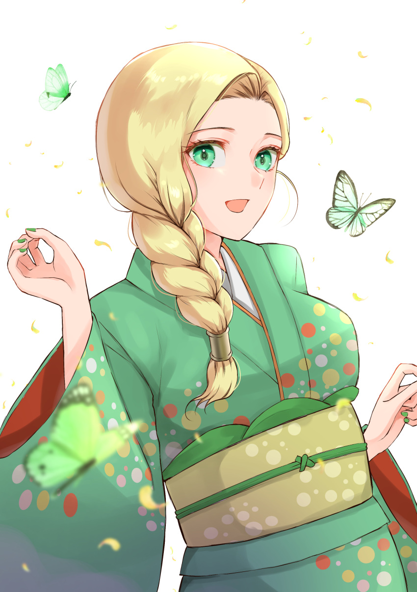 1girl, absurdres, aqua_kimono, bianca_(dq5), blonde_hair, blue_eyes, blurry, blurry_foreground