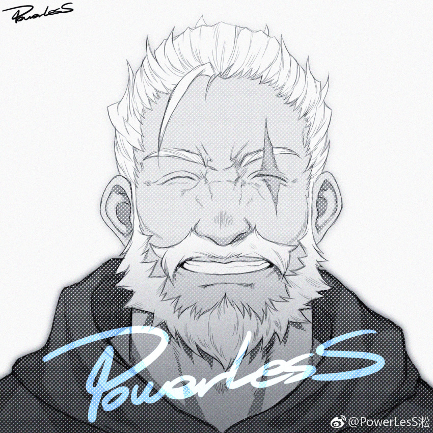 1boy, adam's_apple, alternate_costume, artist_name, beard, facial_hair, facing_viewer, greyscale