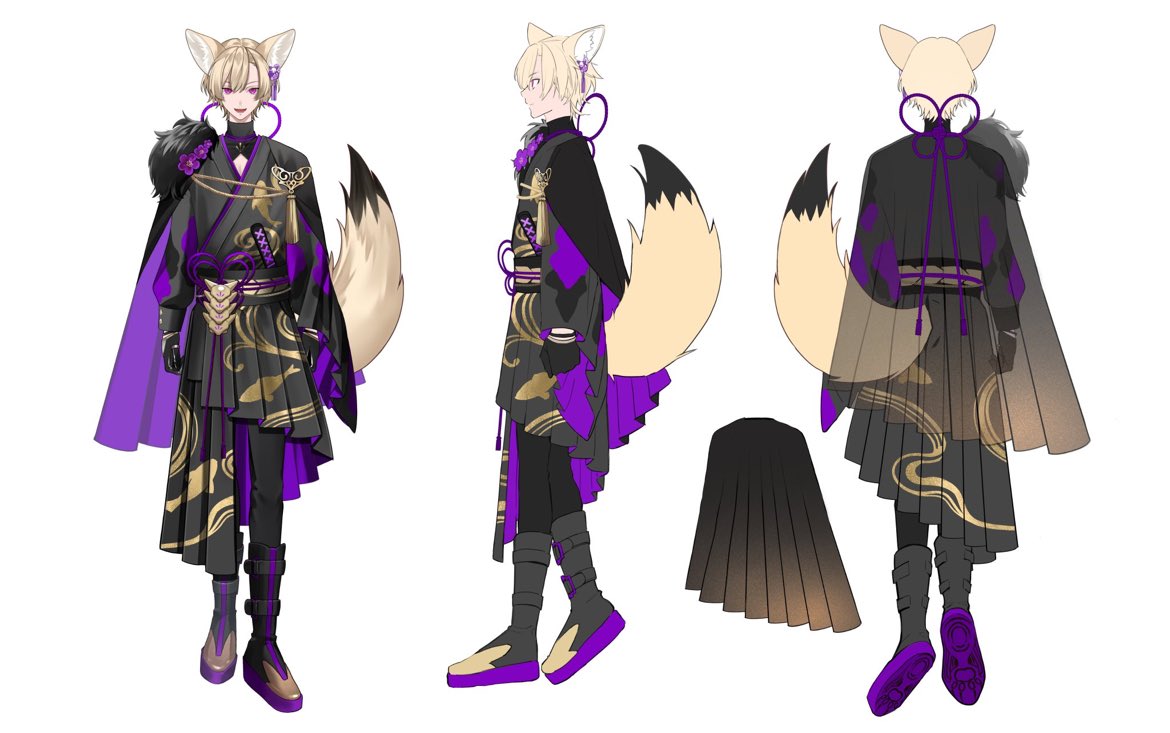 1boy, :d, animal_ears, asymmetrical_sleeves, black_cape, black_footwear, black_gloves, black_kimono