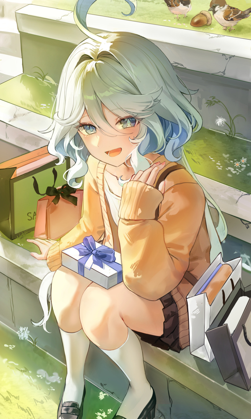 1girl, :d, absurdres, acorn, ahoge, alternate_costume, bag, bird