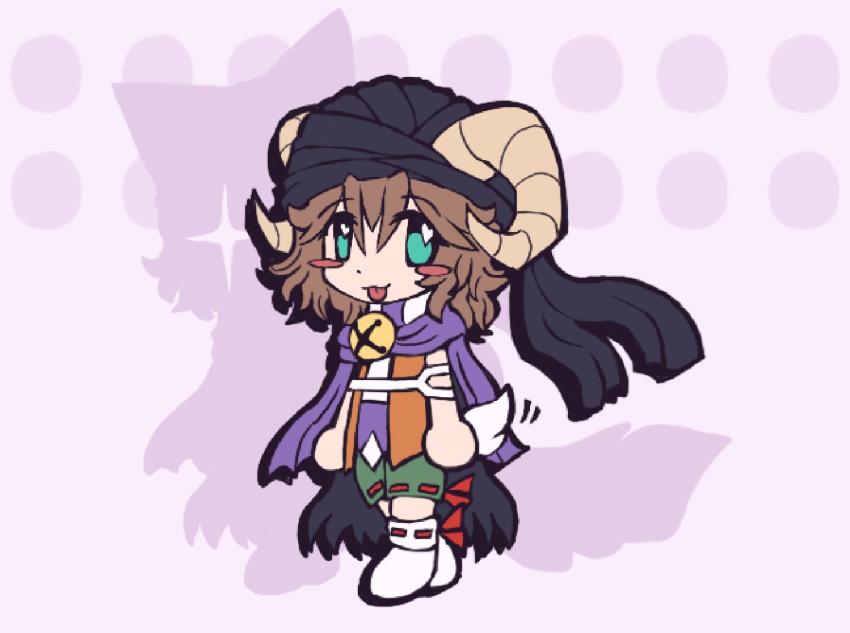 1other, androgynous, aqua_eyes, bell, black_turban, blush_stickers, brown_hair, chibi