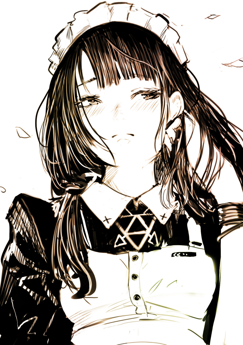 1girl, blush, bracelet, breasts, closed_mouth, commentary_request, disorder!, falling_petals, highres, jewelry, long_hair, maid, maid_headdress, medium_breasts, monochrome, original, petals, simple_background, solo, tucking_hair, upper_body