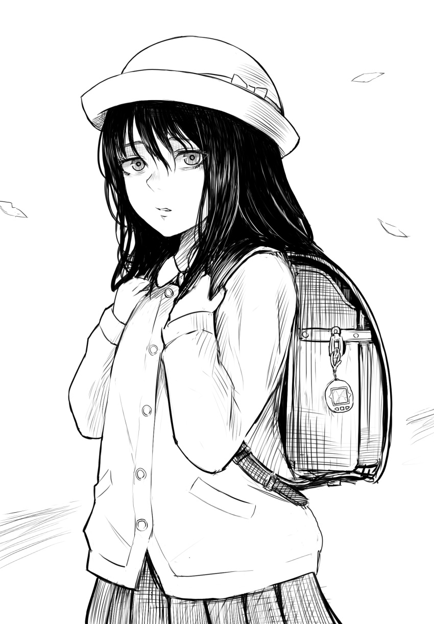 1girl, backpack, bag, cardigan, commentary_request, cowboy_shot, crime_prevention_buzzer, disorder!