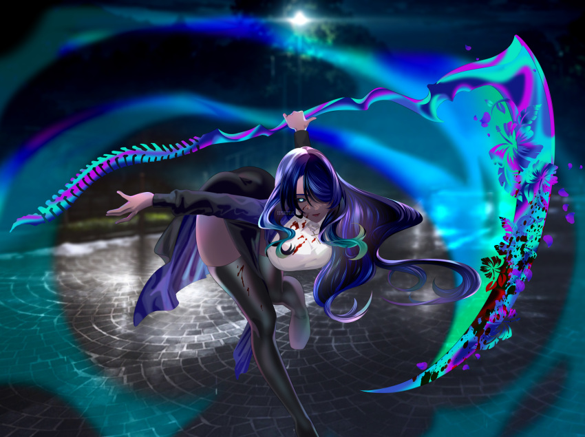 1girl, absurdres, blood, blouse, braid, cross, dark_dress, dark_skin