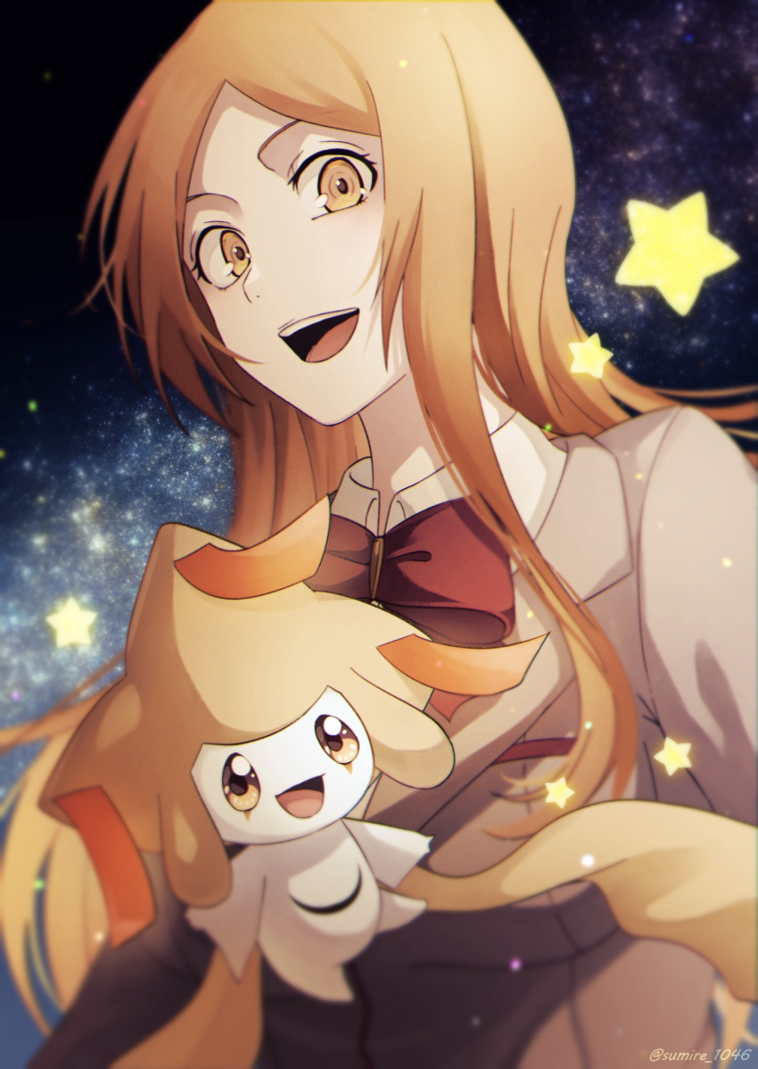 1girl, :d, alternate_color, bleach, bow, commentary_request, crossover, happy