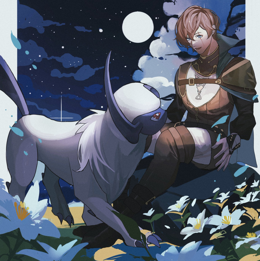 1other, absol, brown_shirt, commission, flower, highres, horns, light