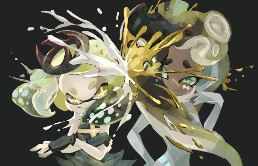 2girls, aqua_eyes, black_background, black_gloves, black_hair, blonde_hair, cephalopod_eyes, closed_mouth