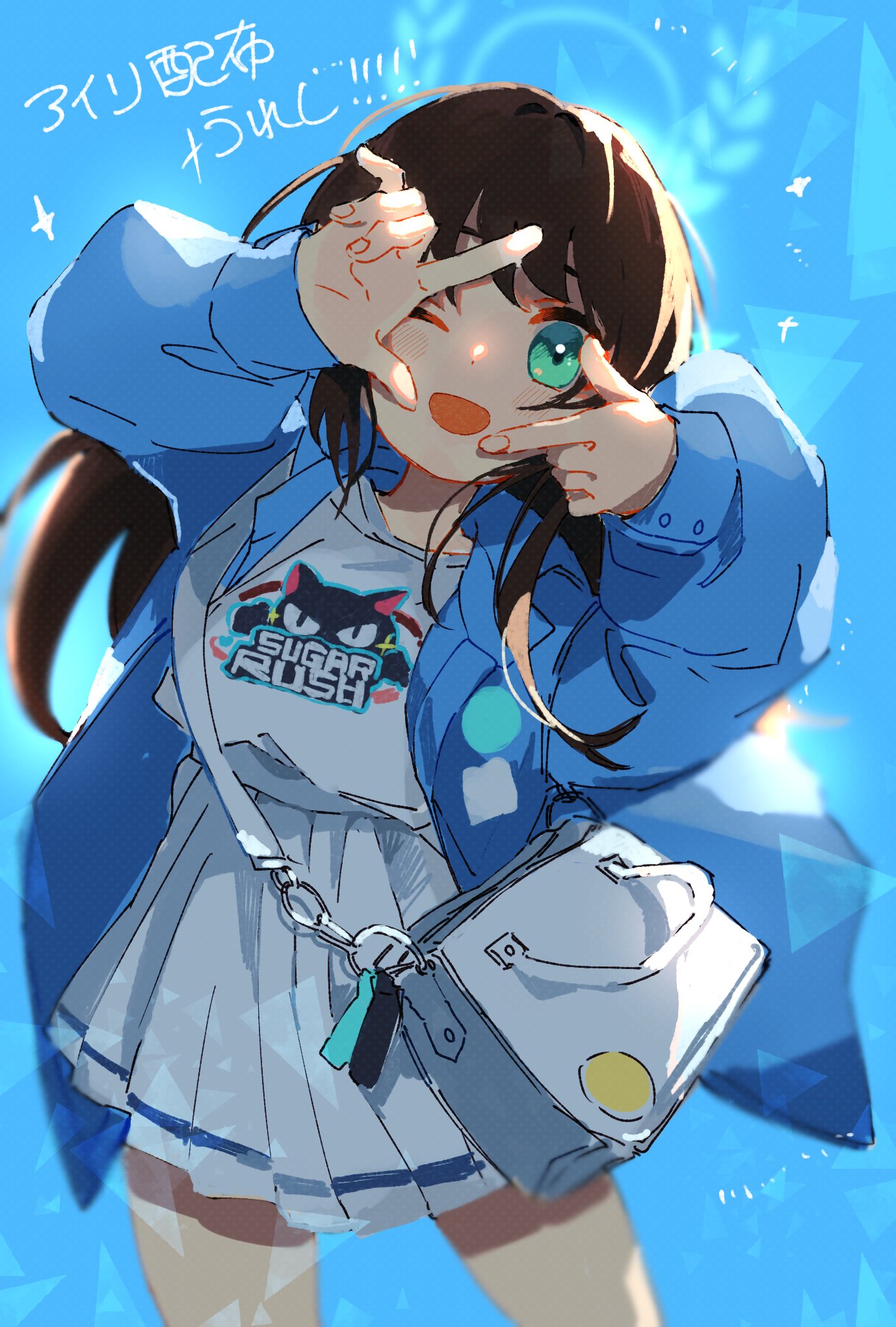 1girl, airi_(band)_(blue_archive), bag, blue_archive, blue_jacket, blue_sky, brown_hair, cowboy_shot
